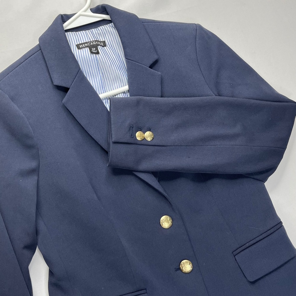 J.Crew Blazer Mercantile Women 2P Navy Blue Viscose Gold Crest Button  Pinstripe